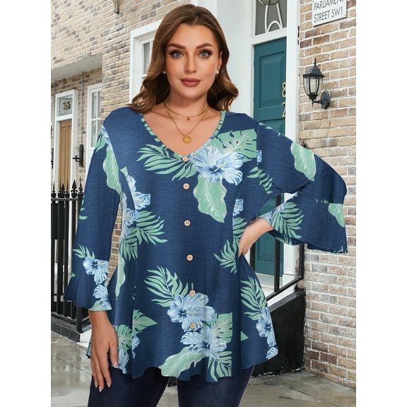 LATWIIV Tunic Tops for Women 3/4 Sleeve Plus Size Women's Tunics Loose Fit Floral Swing Flare Ladies Blouse for Leggings A-SteelBlue32 4X
