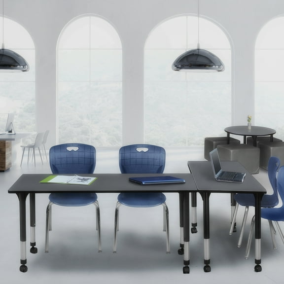Regency Kee 66 x 24 in. Mobile Adjustable Classroom Table- Grey & 2 Andy 18 in. Stack Chairs- Blue