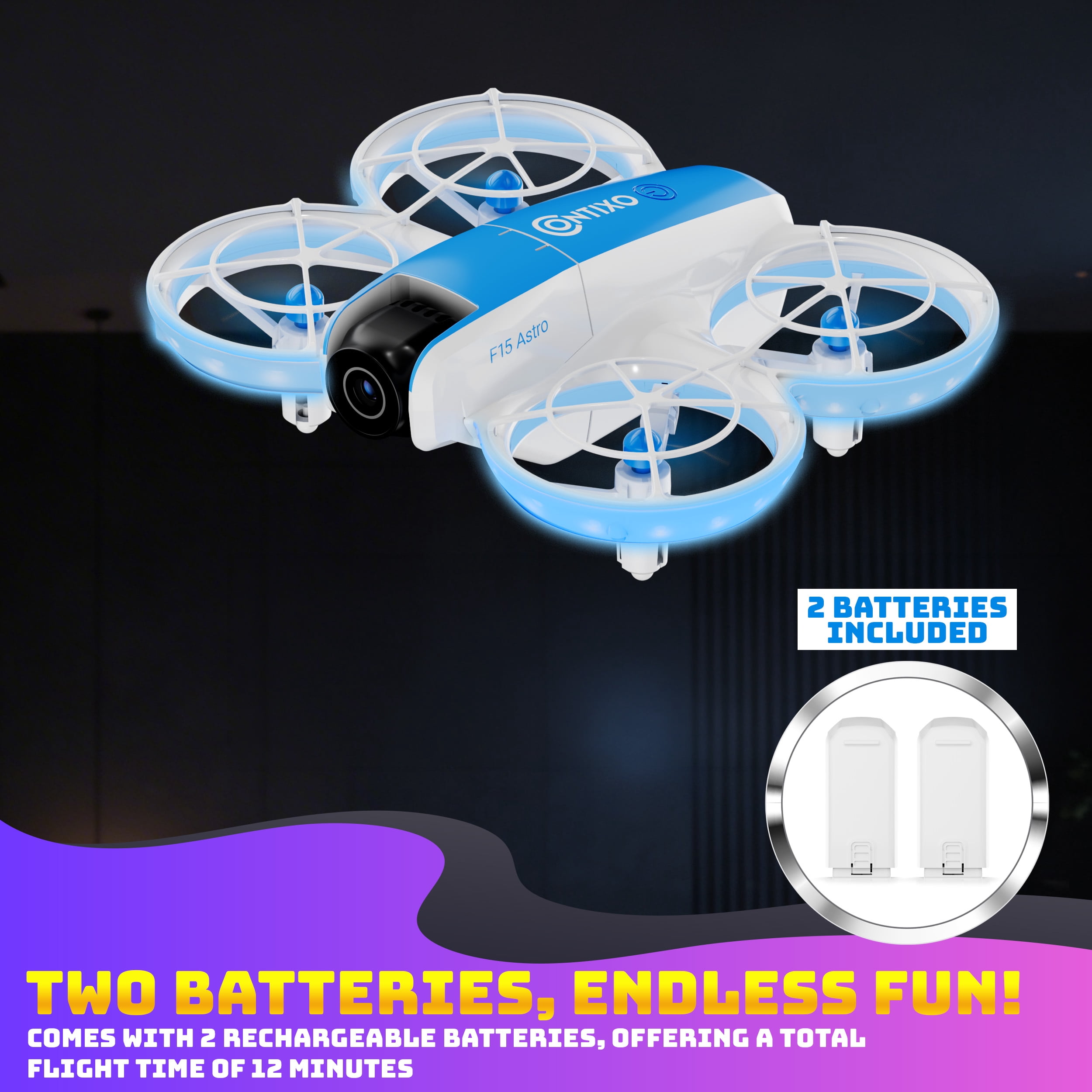 Contixo F15 Astro Mini Drone with 2.4" Screen Remote – Dual Camera, Live Video Display, Optical Flow Hover, One-Key Takeoff/Landing, 360° Stunts, 2 Batteries, Beginner Drone for Kids & Adults - Blue