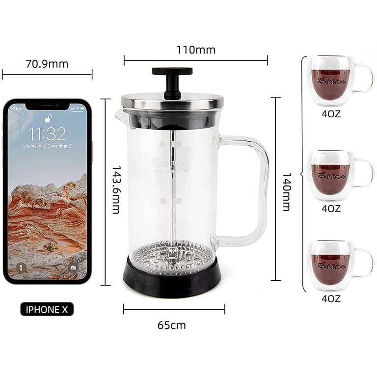 Cafetiere Coffee Maker 2 Cups/350ml, Small French Press Coffee Maker - Heat  Resistant Stainless Steel Filter Coffee Press (Glass Body & Glass Handle),