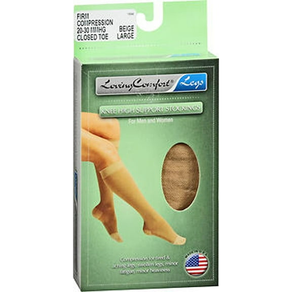 Loving Comfort Knee High Firm Compression Support Stockings, Large, Beige