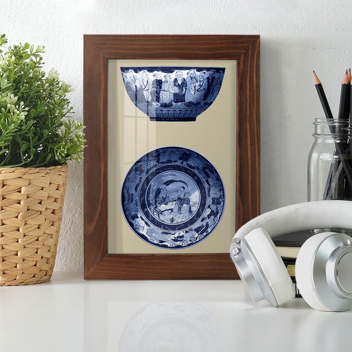 Porcelain in Blue and White II -Framed Print w/glass-Chestnut