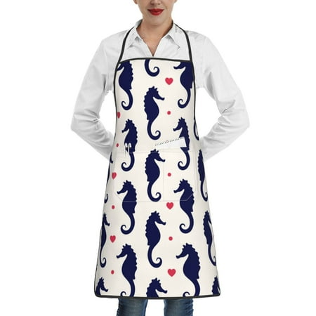 

Gaeub Seahorses and Hearts Kitchen Cooking Aprons Adjustable Bib Apron Waterdrop and Oil Resistant Kitchen Chef Apron for Women Men