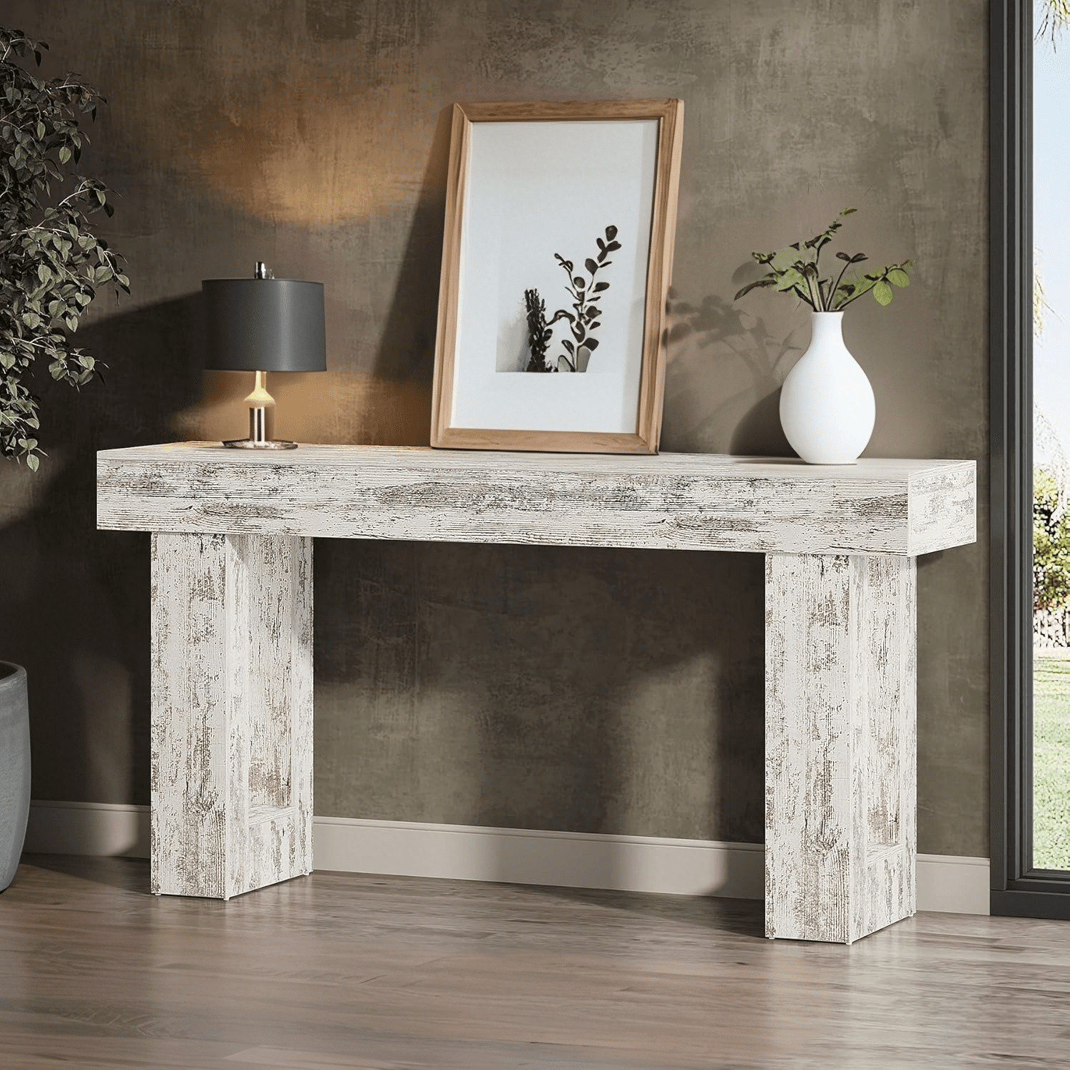 Tribesigns 63-Inch Long Console Table, Farmhouse Entryway Table for Entrance, Hallway, Living Room（Distressed White)