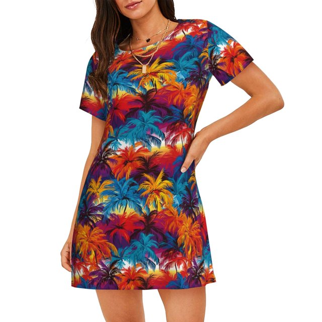 Vsdgher Chemise de Nuit à Manches Courtes Motif Palmiers Hawaïens Coloré pour Femmes Col Rond Mignonne Robe de Nuit Confortable à Volants