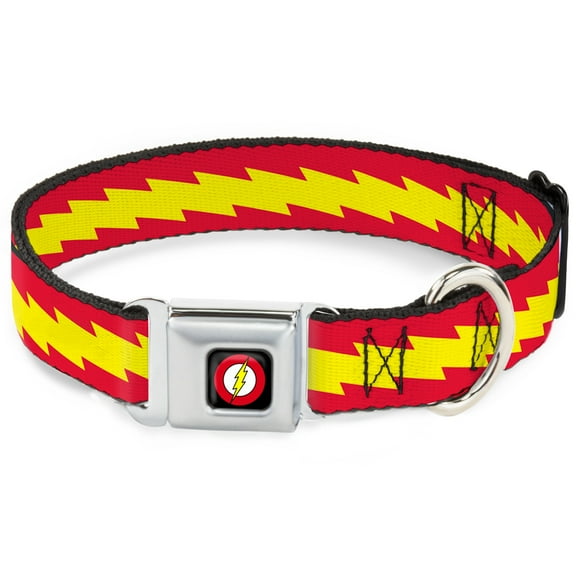 DC Comics Pet Collar, Dog Collar Metal Seatbelt Buckle, The Flash Bolt Stripe Red Yellow, 15 to 24 Inches 1.0 Inch Wide