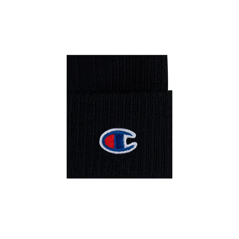 Acrylic Fitted Ribbed Black Beanie Cap Logo Embroidered Hat CHAMPION