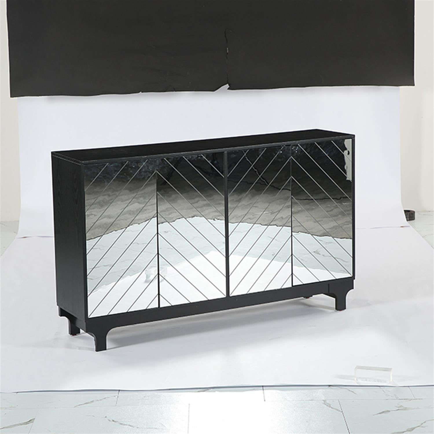 Demi Bonn 59" Sideboard Buffet, Modern Credenzas Storage Cabinet with 4 Acrylic Mirror Doors, Dining Room, Hallway, Cupboard Console Table, Liquor, Black