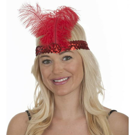 Red Sequin Flapper Band with Feather