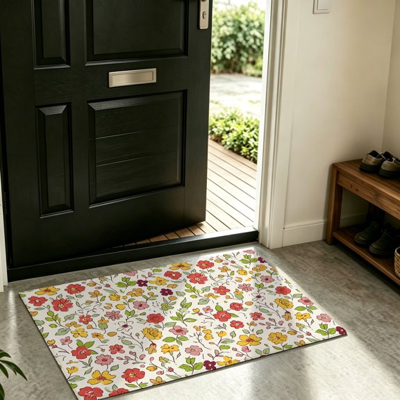 Front Door Mat Indoor Outdoor Farm Watercolor Red Yellow Flowers Non-Slip Doormat Low Profile Patio Porch Entryway Rug 16x24in Pastoral Plants