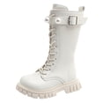 thumbnail image 5 of Girls Knee High Riding Boots Trendy Pearl Buckle Strap Chunky Lug Sole Lace up Zipper Mid Calf Long Combat Booties White 2 Big Kids, 5 of 5