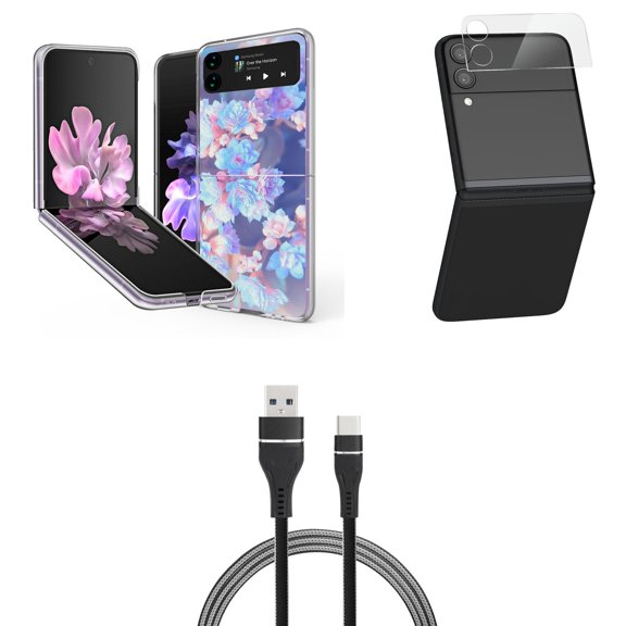 Bemz Premium Bundle for Samsung Galaxy Z Flip 3 5G: Slim Snap-On Protector Case (Purple Wild Flowers), Rear Camera Glass Protector, Nylon Braided USB-C to USB-A Cable (3 Feet)
