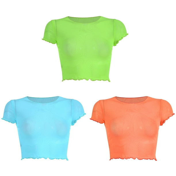 Women Short Sleeve Transparent Mesh Neon Shirt Solid Short Tops