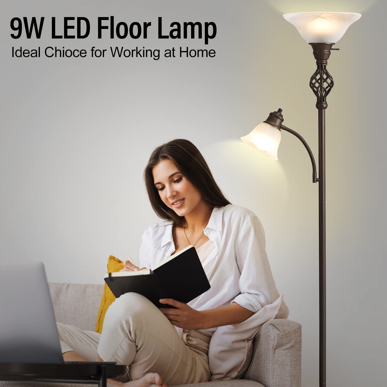 NATYSWAN Torchiere Floor Lamp for Living Room, LED Standing Reading Light for Bedroom with Glass Shade for Living Room Corner Bedroom Home Office, Bulbs Included