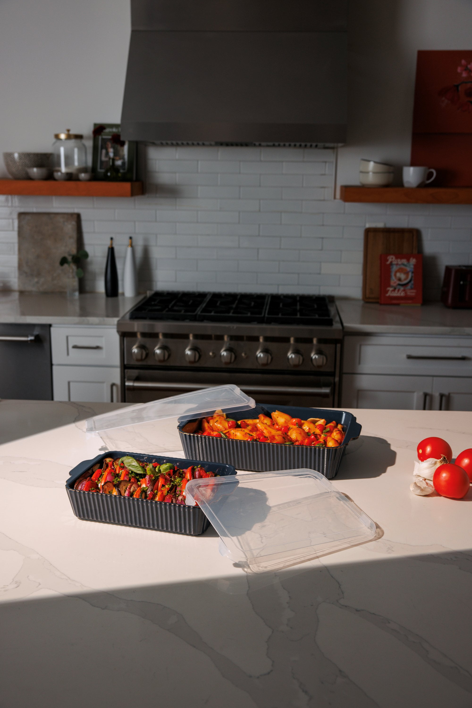 Thyme & Table 4-Piece Stoneware Bakeware Set, Includes Lids, 9"x13" , 7"x10" Bakers With Lids , Atlantic Blue Ribbed