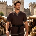 thumbnail image 4 of Halloween Renaissance Top, V Neck Medieval Viking Short Sleeve Tunic, Printed Trim Warrior Peasant Cosplay Top With Belt, Multi Earth Tone Larp Halloween Costume Shirt, Red XL, 4 of 7