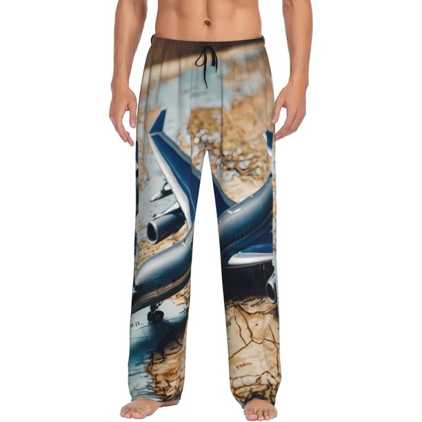 Balery Airplane World Map Adventure Pantalones de pijama para hombre, pijama ultraligero, pantalón de descanso-Small