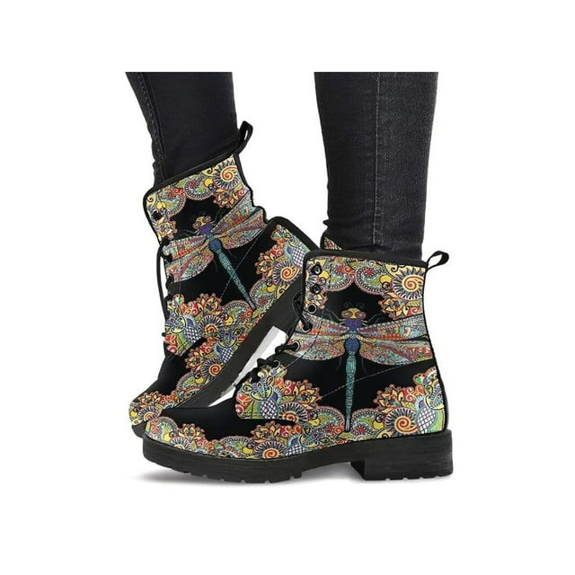 UKAP Women Leather Boot Floral Short Bootie Lace Up Ankle Boots Work Booties Waterproof Dragonfly 7