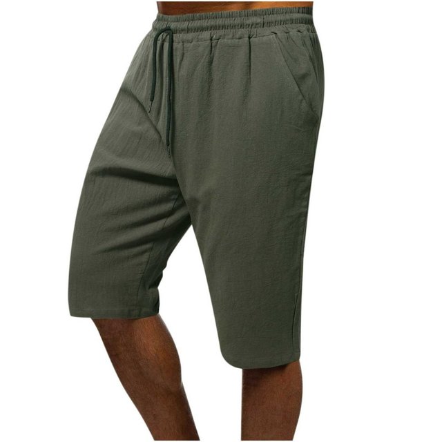 JUNWELL Men‘s Cotton Linen Workout Shorts Casual Drawstring Loose Fit Athletic Running Knee Length Shorts with Pockets