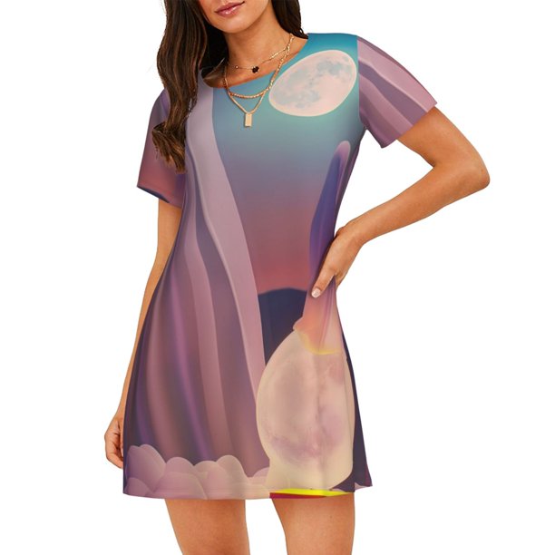 Balery Dreamy Moonlit Window Camisón de manga corta con cuello redondo para mujer, cómodo y elegante.