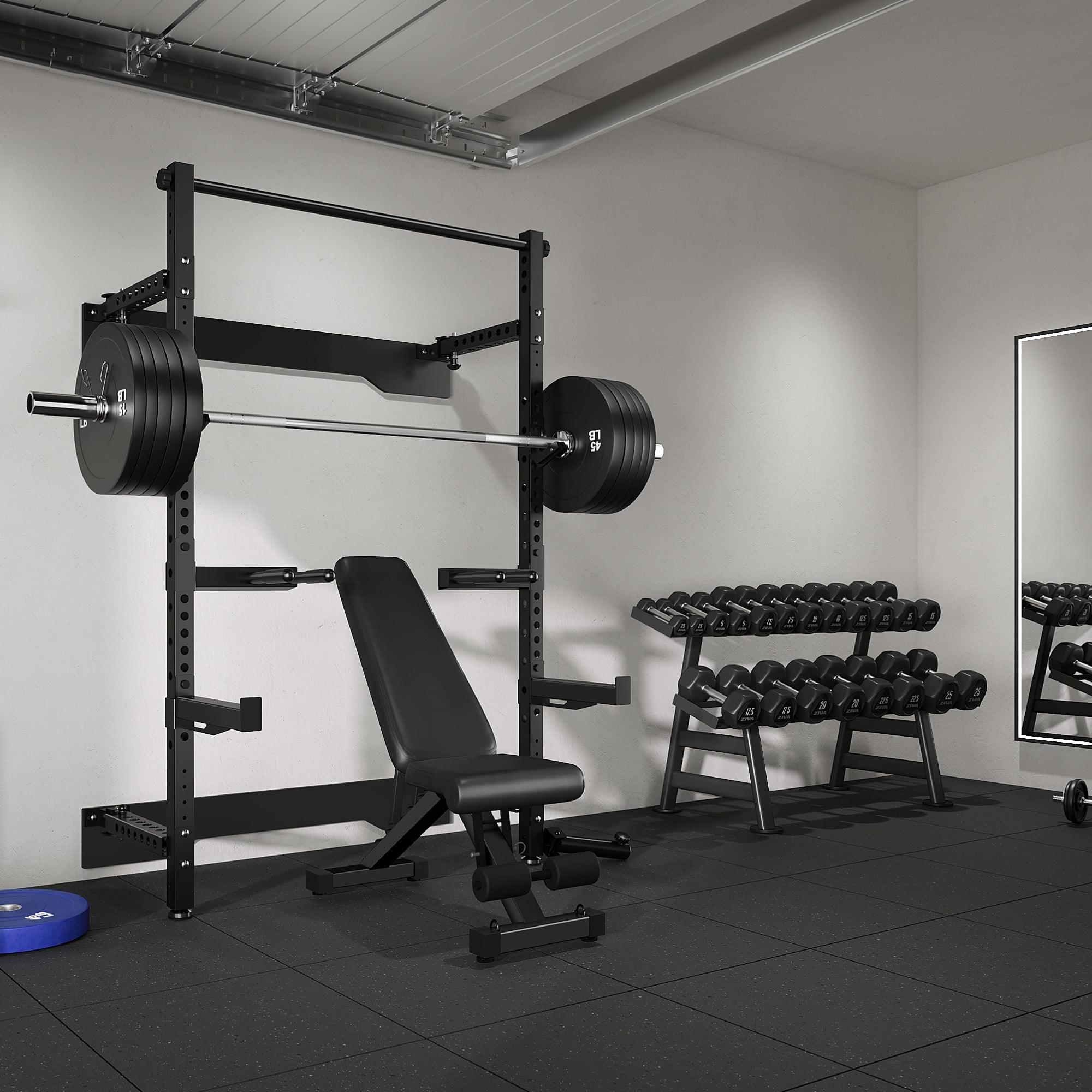 Folding Wall Mounted Squat Rack,1000 lbs Capacity Power Rack for Home Gym,Space-Saving Foldable Squat Rack with Pull-Up Bar & Landmine,Heavy-Duty 2.36" x 2.36" Steel Frame Power Cage