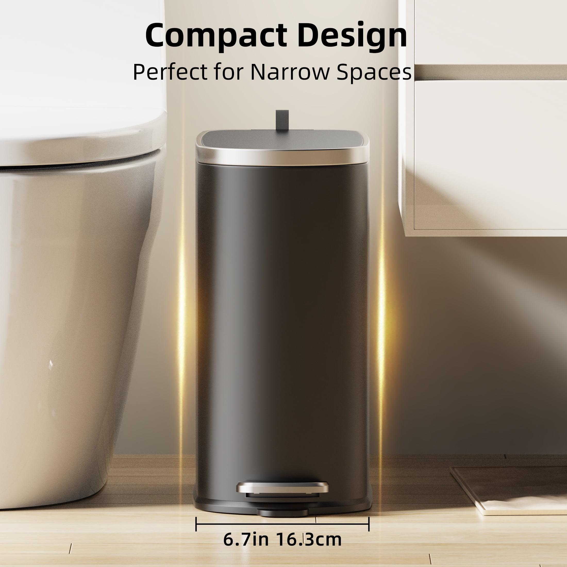 KSSKSS 2.6 Gallon/10L Slim Stainless Steel Bathroom Trash Can with Lid, Soft-Close Small Garbage Bin for Narrow Spaces, Black