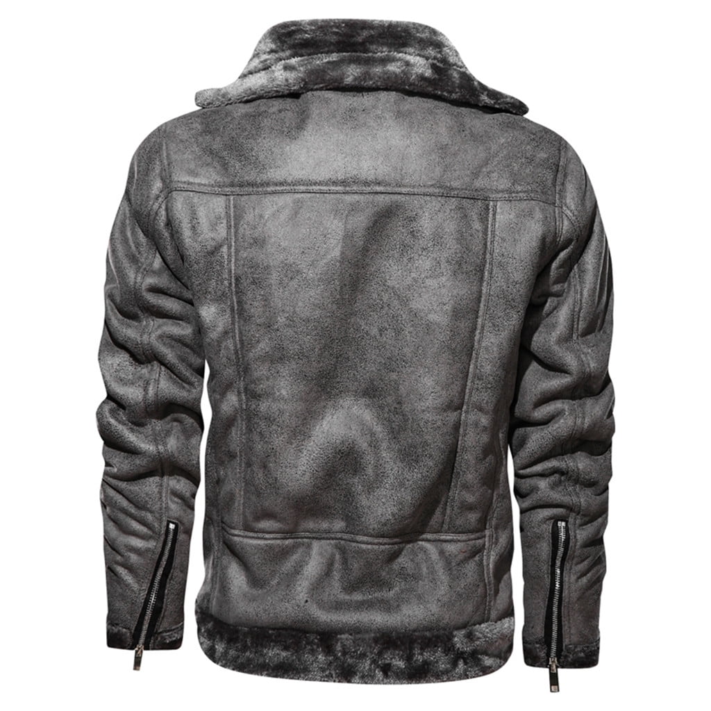 guisaled Men's Faux Leather Jacket Men Fuzzy Sherpa Fleece Lined Bomber Jackets Button Down Lapel Collar Winter Coats with Shearling Lining