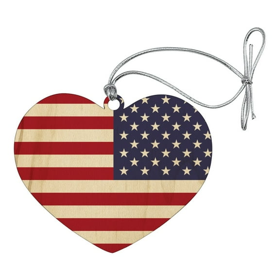 Reversed USA American Flag Red White Blue Military Heart Love Wood Christmas Tree Holiday Ornament