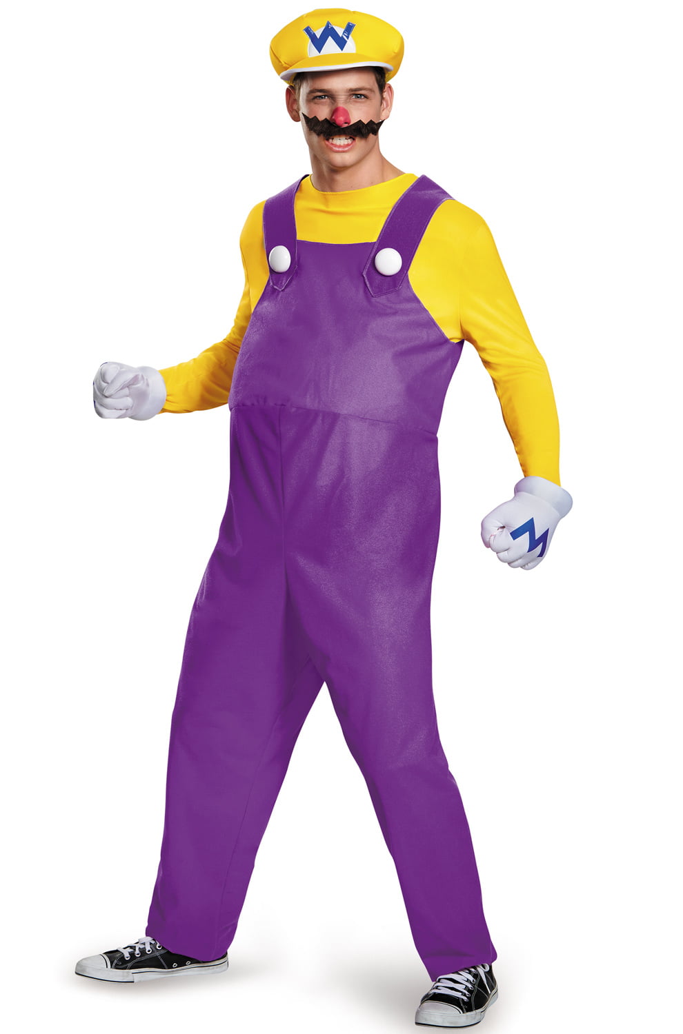 Mens Super Mario Bros WARIO Fancy Dress Costume Adult Yellow Plumber Outfit 
