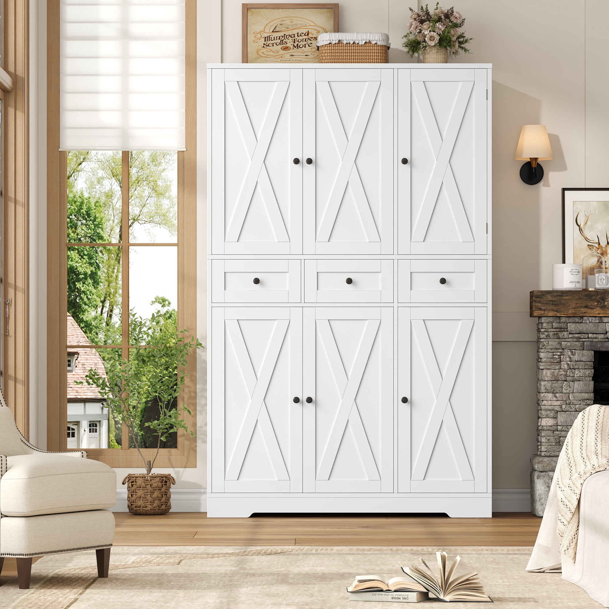 Hiphuta 67" Tall Farmhouse Kitchen Pantry Storage Cabinet with Door Shelves, 43" Wide Large Cupboard Hutch with 3 Drawers, White