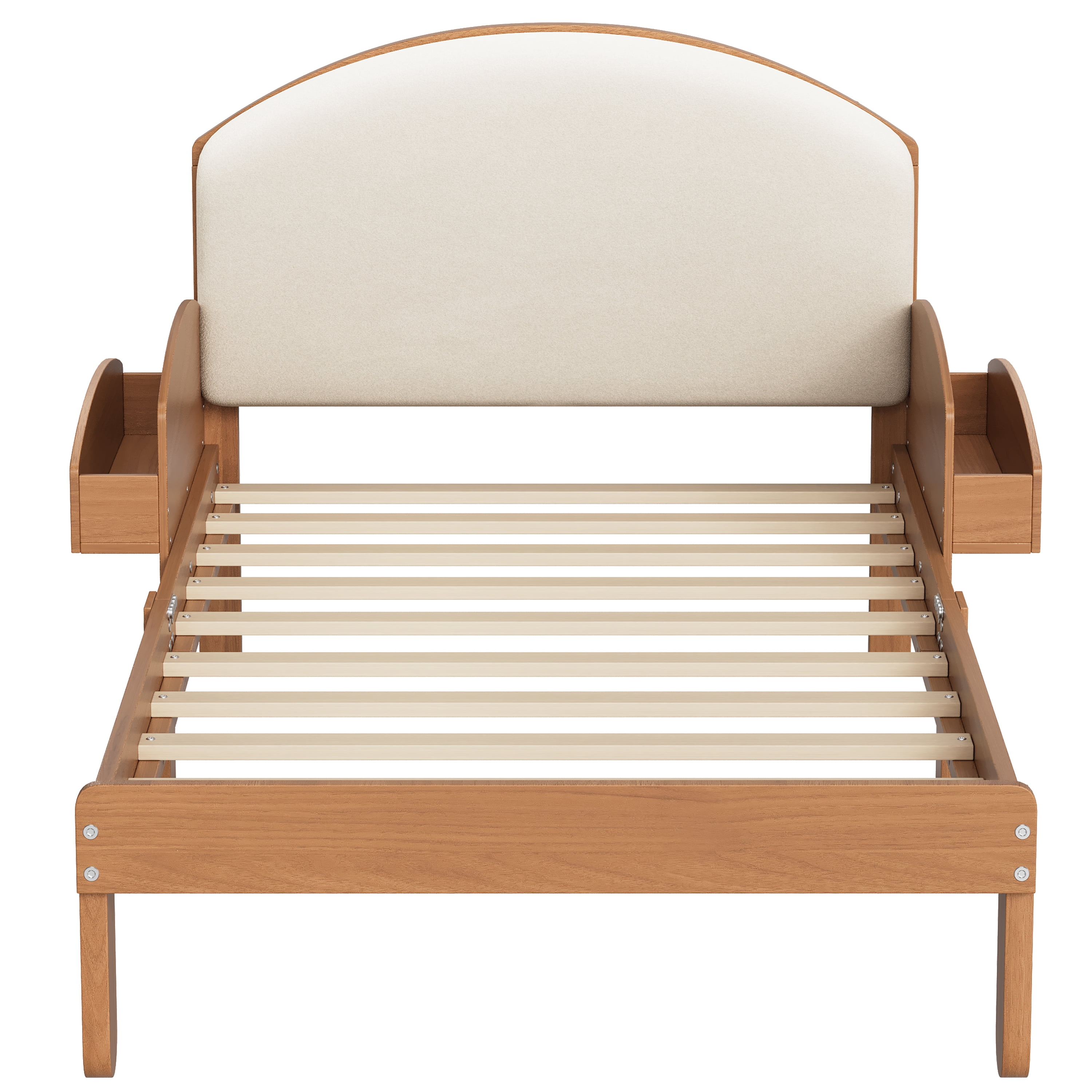 Euroco Twin Size Platform Bed with Upholstery Headboard, Wood Bed Frame with Storage Shelves, No Box Spring Needed, Light Walnut