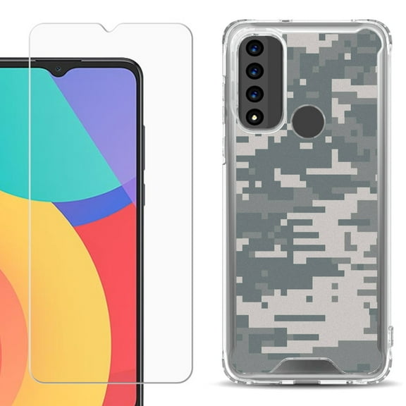 Shockproof Bumper Phone Case for TCL 20 XE, with Tempered Glass Screen Protector, by OneToughShield ® - Digital Camo