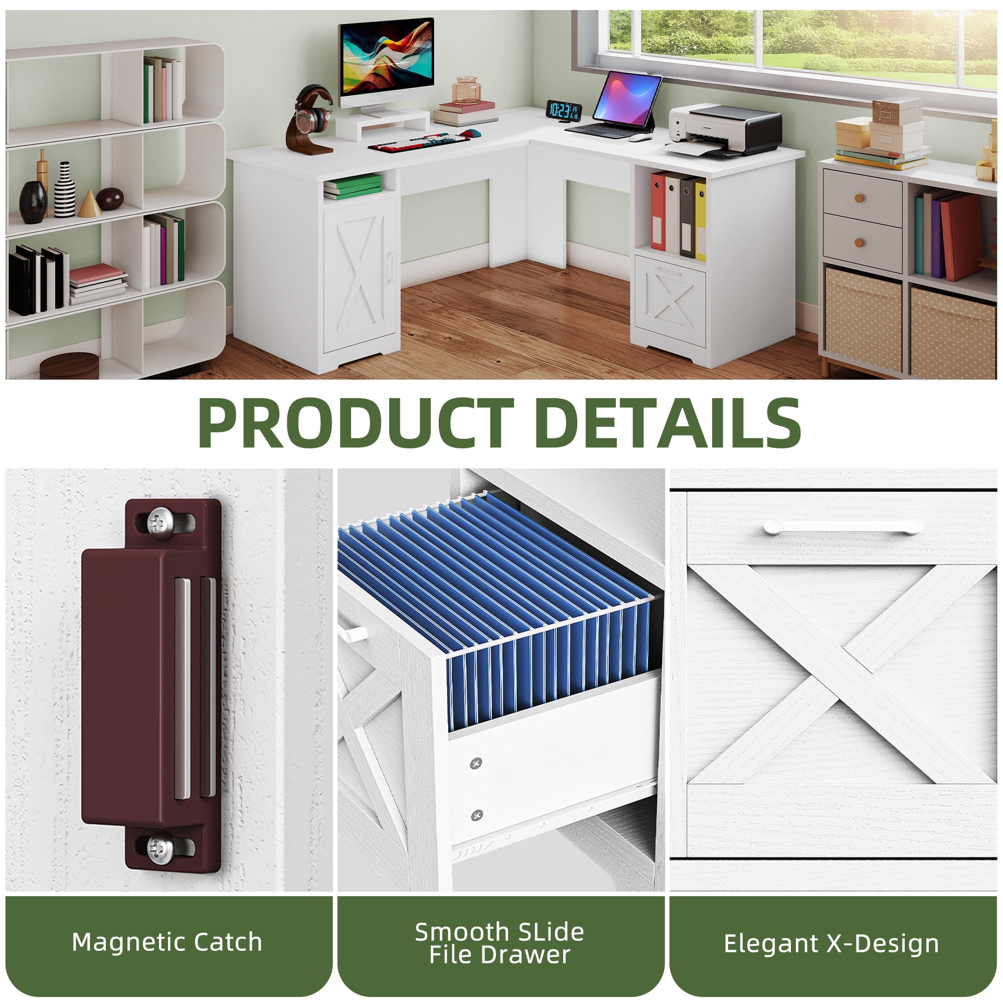 Uforic 59" L Shaped Desk with Power Outlets,Large Computer Desk with Drawers, Home Office Desk,White