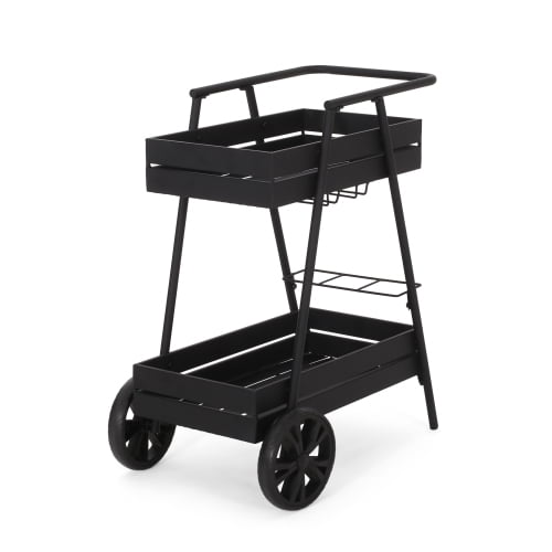 2-Tier Bar Cart with Fence & Wheels, Black Mobile Serving Cart for Indoor & Outdoor Use, Rolling Drink Trolley for Dining Room, Living Room, Garden Parties