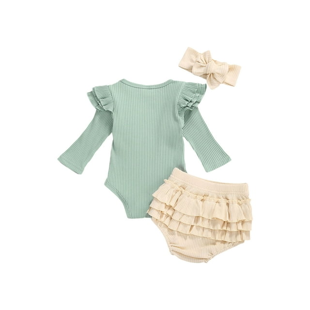Honganda Ensemble 3 Pcs pour Fille, Barboteuse avec Short à Volants et Bandeau