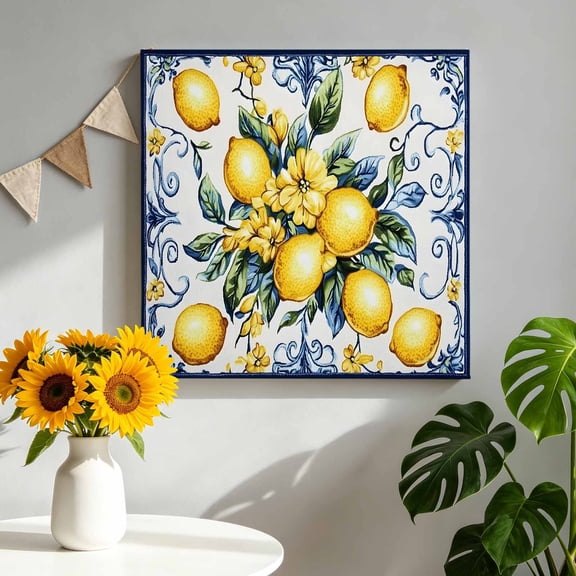 Canvas Wall Art Yellow Lemon Canvas Art Print Watercolor Fruit Vintage Flower Leaf Blue Pictures Wall Decor for Living Room Bedroom Artwork Decorations Stretched Framed Ready to Hang 10"x10"