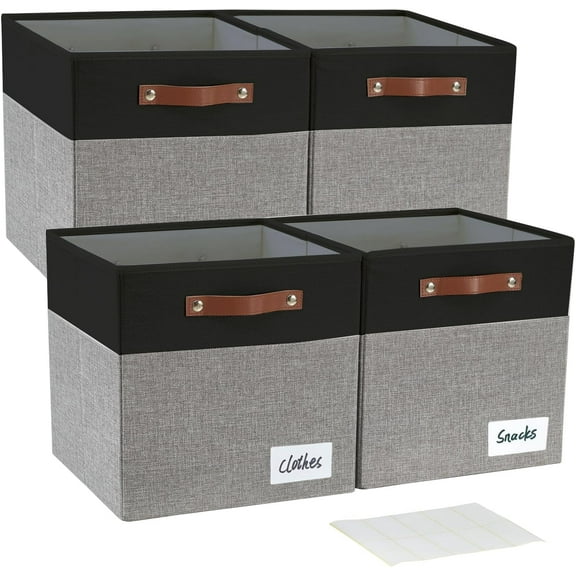 Collapsible Fabric Storage Cube Bins with 2 Reinforced PU Handles, Foldable Storage Organizer Baskets for Closet, Shelves, Living Room | 11"x11"x11", 4 Pack, Gray & White