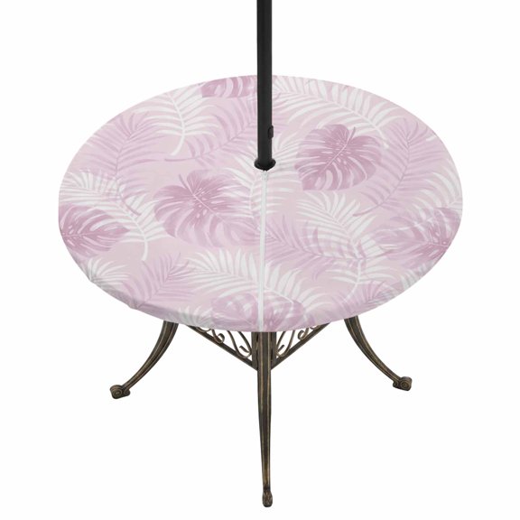 Outdoor Tablecloth with Umbrella Hole and Zipper Pink Palm Leaves Round Fitted Table Cover with Elastic Waterproof Summer Tropical Monstera Leaf Patio Tablecloths for Picnic BBQS Garden Fit 55"-60"