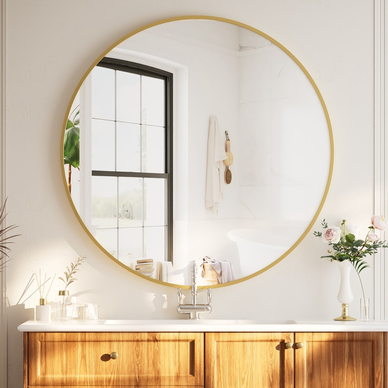 VORENTA 42" Bathroom Mirror Round Wall Mirror Vanity Mirror with Metal Frame, Gold