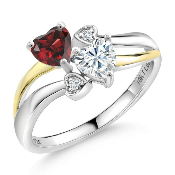 Gem Stone King 925 Silver and 10K Yellow Gold Red Garnet and White Moissanite and White Lab Grown Diamond Ring for Women (1.04 Cttw, January Birthstone, Heart Shape 5MM, Size 8)