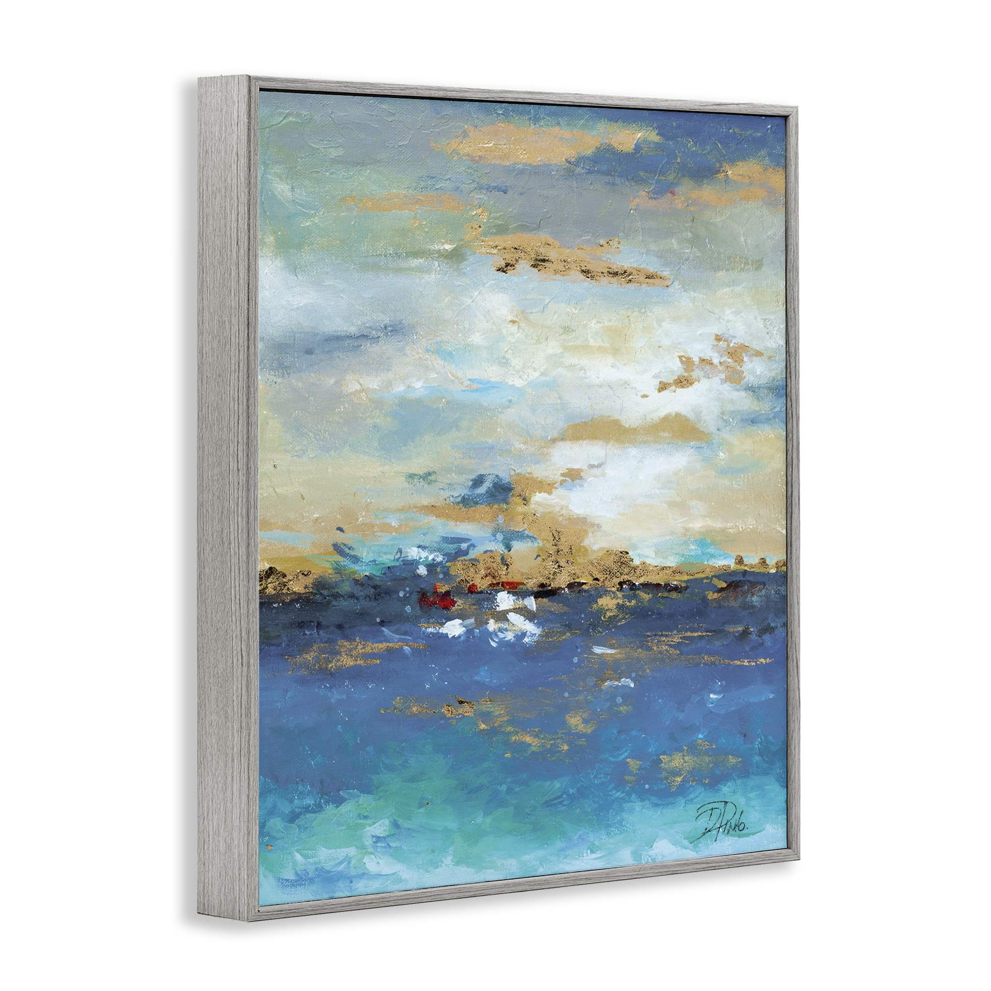 Stupell Industries Ocean View with Tan Accents Abstract Painting Gray Framed Art Print Wall Art, 24 x 30