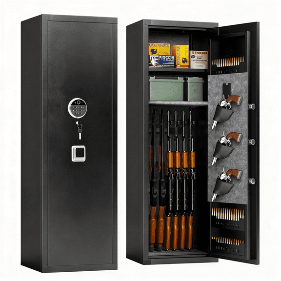 16-17 Fingerprint Gun Safe for Rifles and Pistols, 57'' Fireproof Safe, Gun Safes for Rifle and Password Lock, Gun Cabinet for Home with Adjustable Shelves