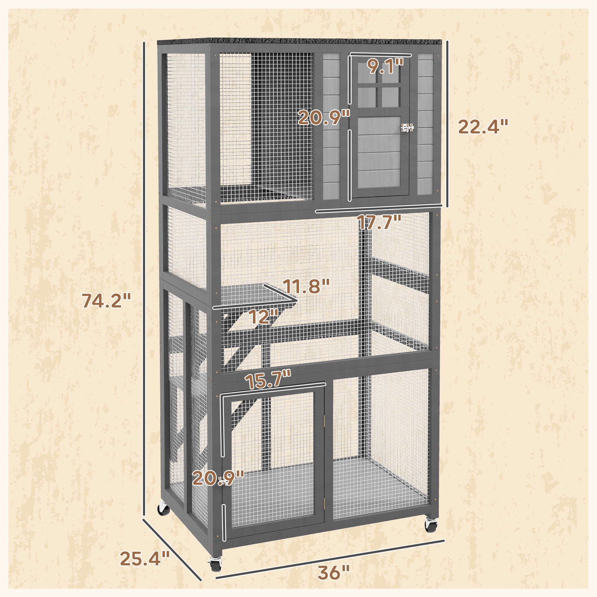 74" Wooden Catio Outdoor Cat House Weatherproof & Wheeled, Outside Cat Enclosure with High Weight Capacity, Kitten Cage Condo, Light Gray