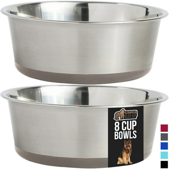 Dog Bowl Set of 2, Heavy Duty Stainless Steel Bowls by GORILLA GRIP, Holds 8 Cups, Beige