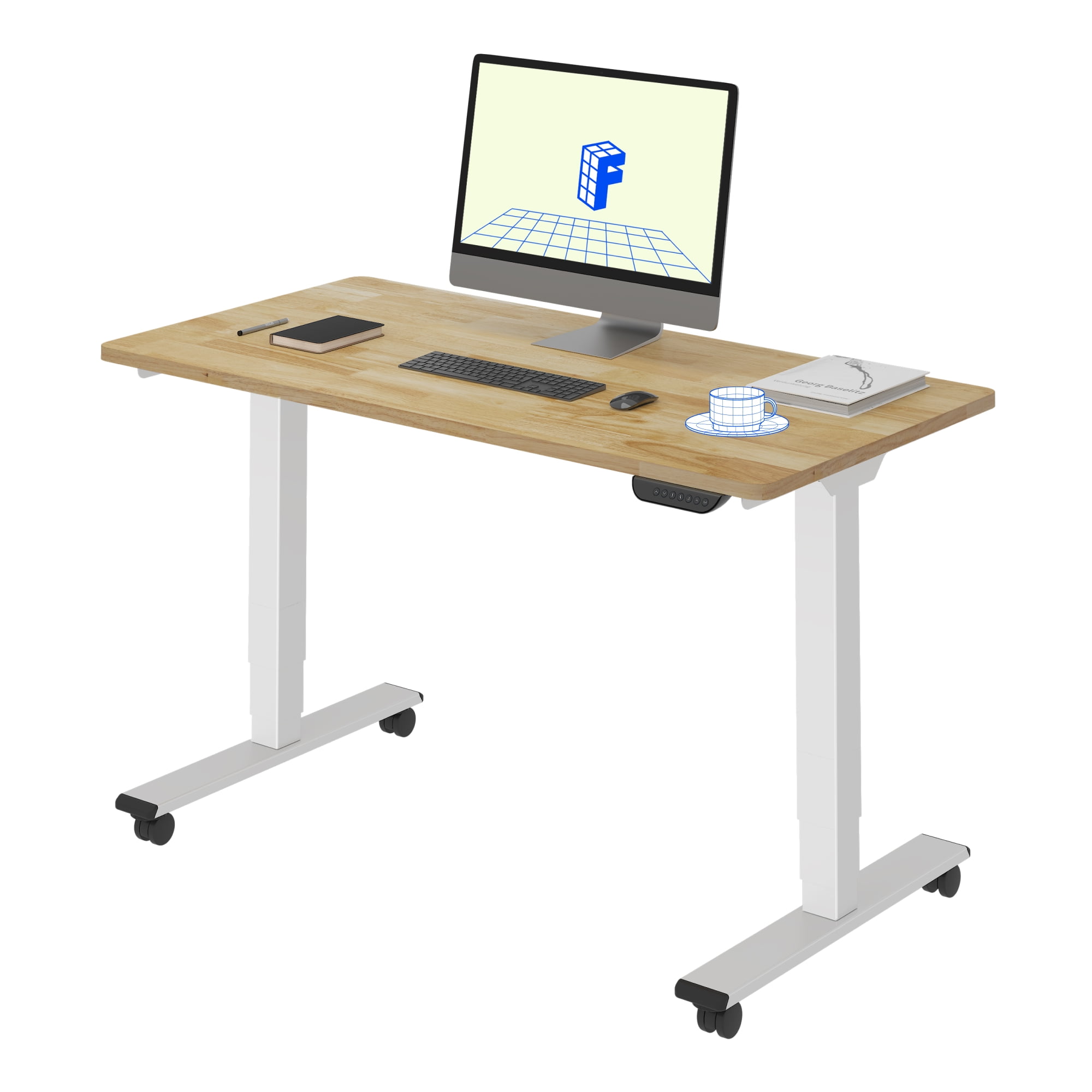 FLEXISPOT E6 48"x24" Dual Motors 3-Stage Standing Desk Solid Wood Home Office Height Adjustable Desk with Wheels, Solid Rubber Wood Desktop and White Frame