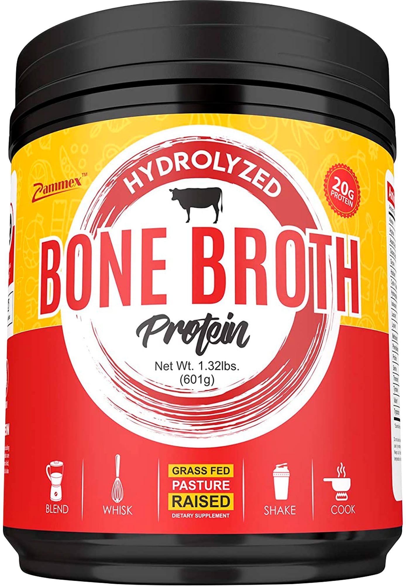 Zammex Bone Broth Protein Powder1.32 lb 60 Servings 20g Protein  Unflavored Grass Fed Beef Hydrolyzed Collagen Peptides Type I& III Dietary Supplement Non-GMO Paleo & Keto Friendly