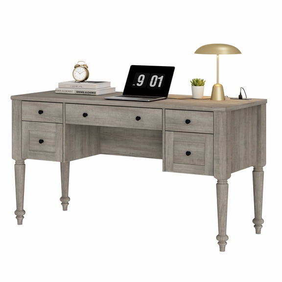 Farmhouse 56'' Executive Desk featuring 5 Drawers, Home Office Workstation with Built-in Charging Station, Wooden Computer Desk with Rear Storage Compartment, Wash Gray