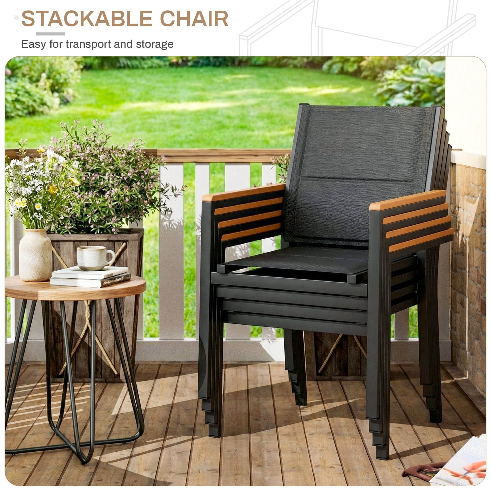 LIFERUN Patio Chairs Set of 4, Stackable Aluminum Outdoor Chair with Quilted Textilene & WPC Handrail, 17" Seat Height, All Weather Chair for Patio, Balcony, Poolside & Restaurants, Black