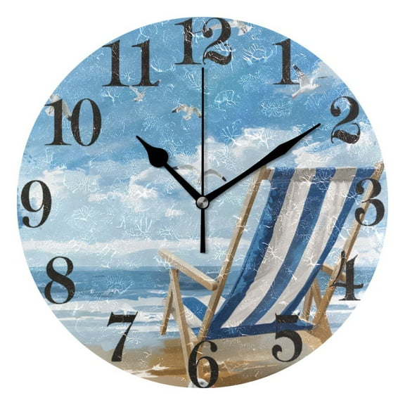Seagull and Striped Beach Chair Wall Clock 9.8 inch Battery Operated Clocks Non-Ticking Silent for Bedroom Office Kitchen Living Room