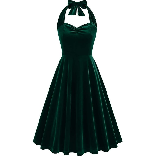 Penkiiy Robe en Velours à Col Licou pour Femme, Dos Nu, Fendue, Robe Sirène en Velours, Robe de Cocktail Licou pour Fête, TG, Vert